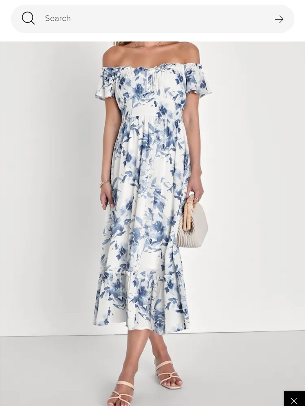 Lulu's White Off-Shoulder Midi Dress with Blue Floral Print(worn 1time)